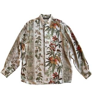MAXWEAR Mens Silk Botanical Floral Print Button Up Shirt Size L